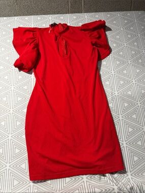 Red Ruffle Sleeve Mini Dress‎ with Keyhole Neck